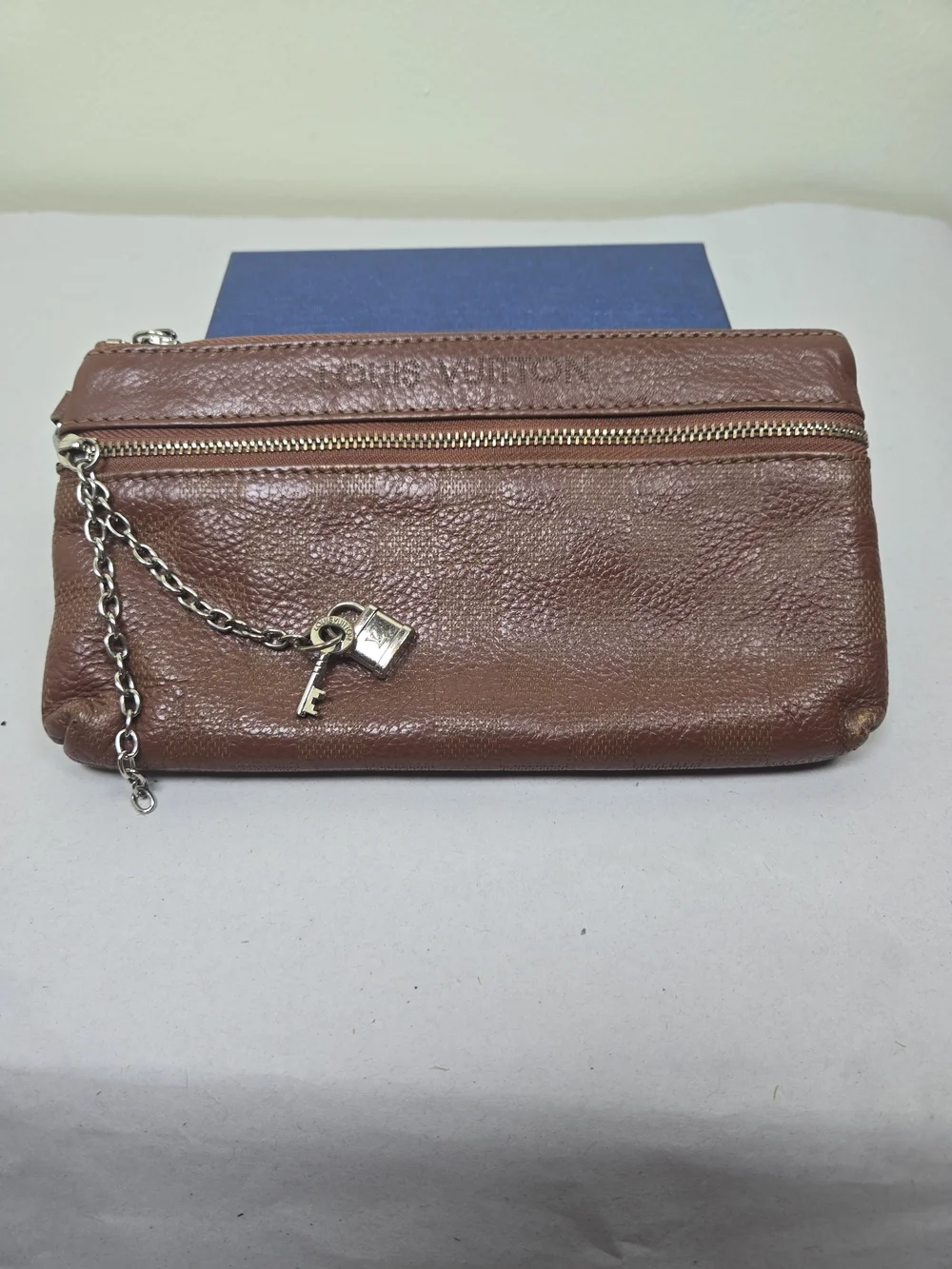Vintage Louis Vuitton Brown Leather Zip Pouch with Chain Charm - Needs TLC